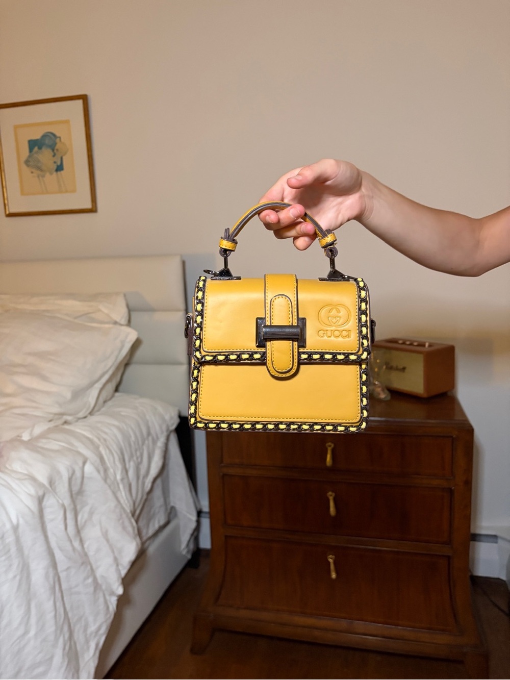 Yellow Leather Top Handle Bag